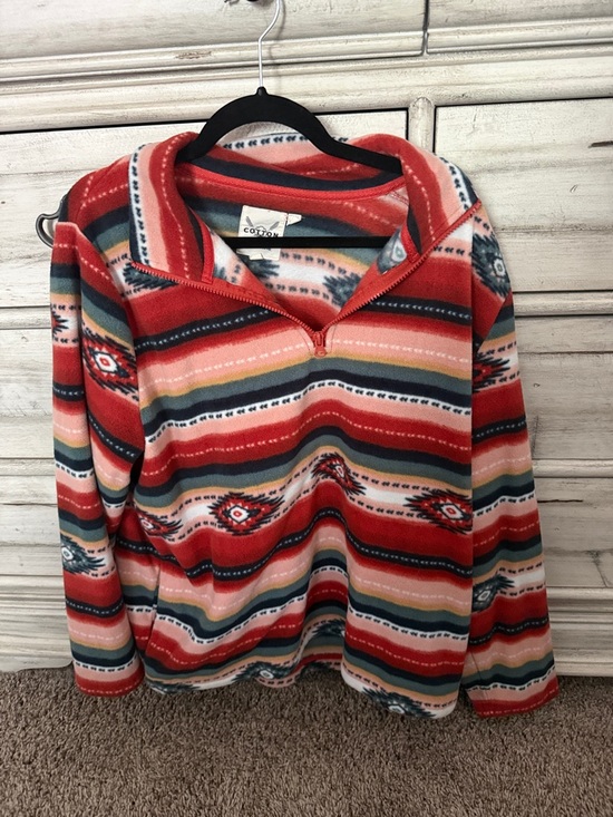 Tops - Striped Aztec Quarter-Zip Fleece Pullover - Red Multicolor